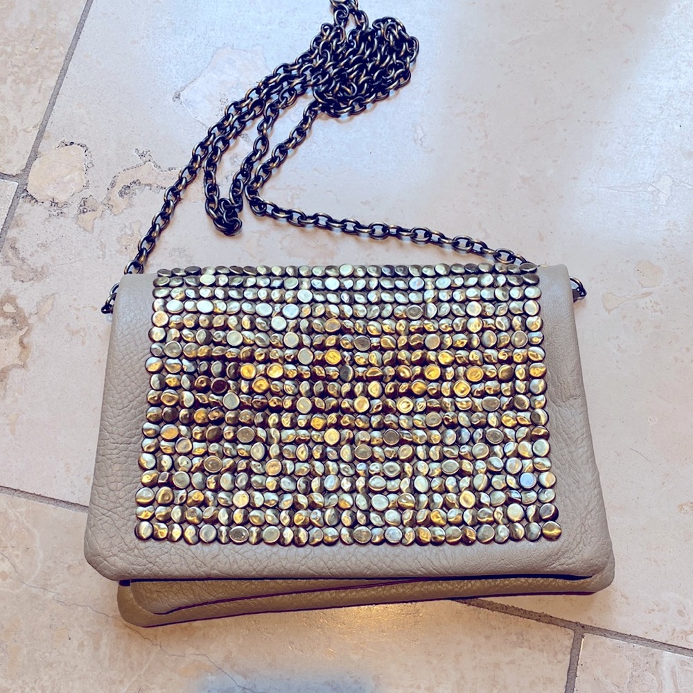 Embellished tan cross body bag